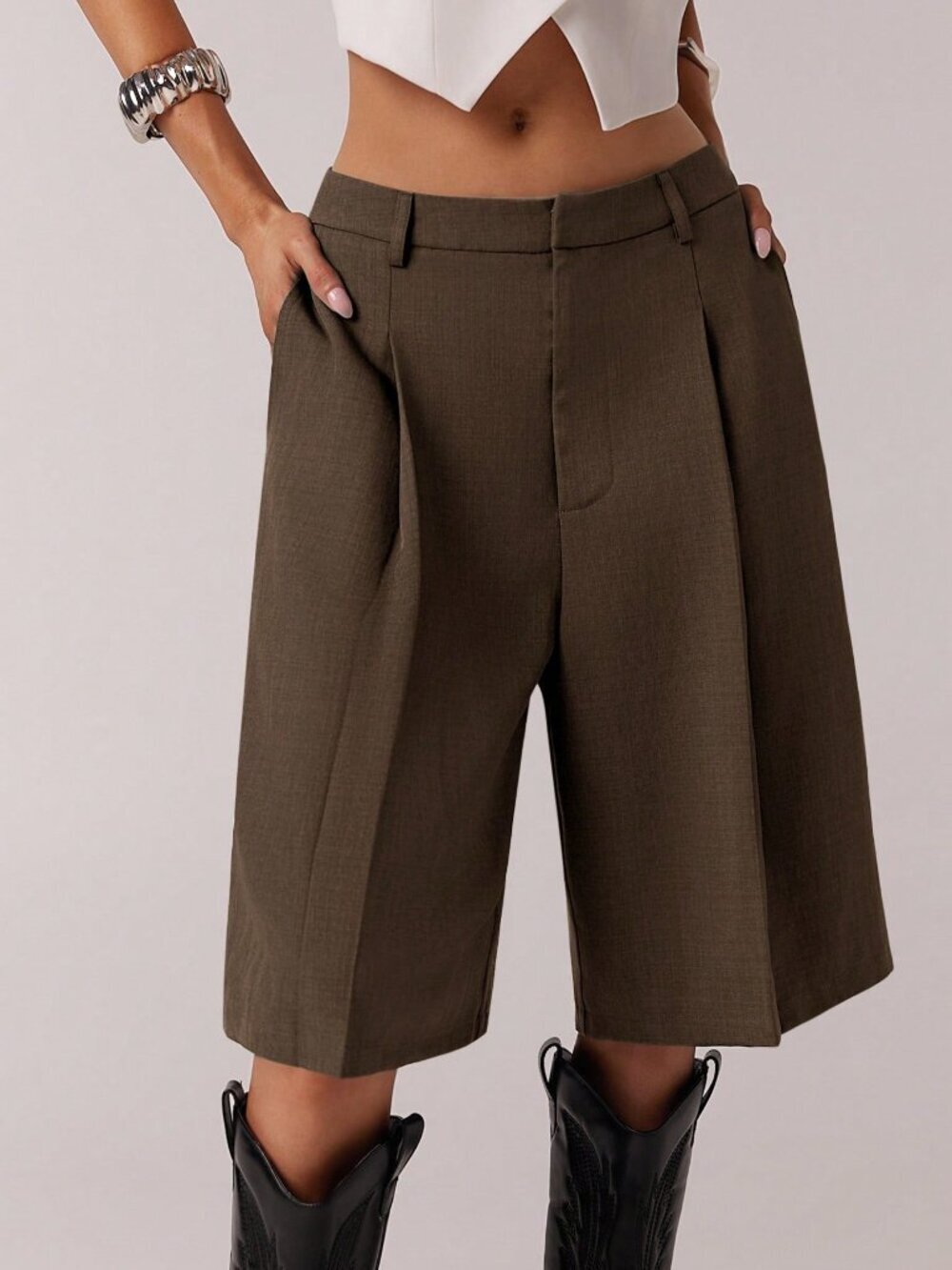 Chocolate Brown Casual Women's Minimalist Bermuda Shorts